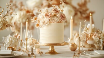 Elegant beige wedding cake adorned with roses, candles, and gold accents on a table setting.