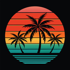 A tropical beach sunset silhouettes a lone figure near palm trees under a vibrant summer sky