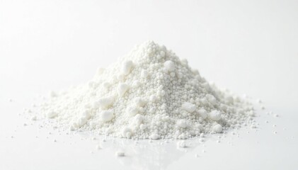 Pile of white granulated sugar on white background, culinary, texture