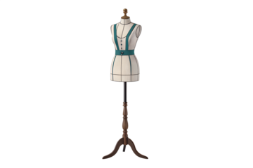 A classic tailor’s mannequin displayed on a stand, isolated on a transparent background. Ideal for fashion design, sewing, tailoring, and dressmaking concepts. Perfect for showcasing clothing, apparel