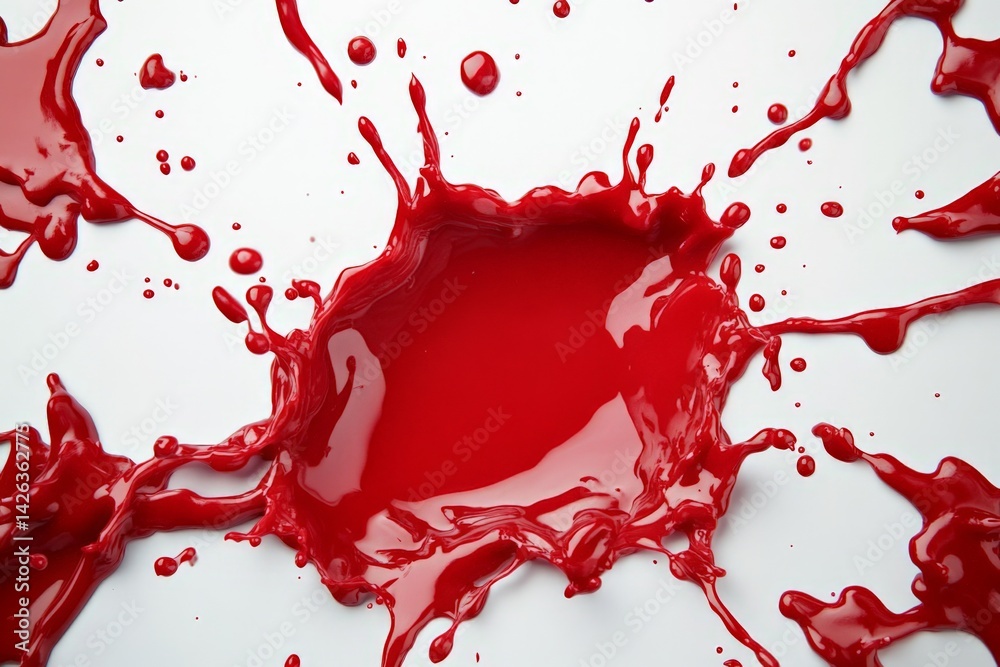Fototapete Red liquid splashes create captivating patterns against a white background in an artistic display of color and motion