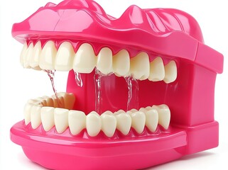 Obraz premium Model of the oral cavity used for education, showcasing teeth and a device for bleaching, on a white backdrop