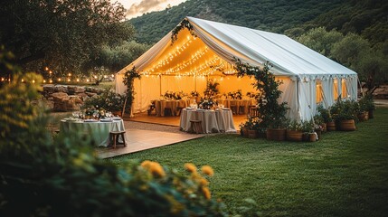 Elegant outdoor wedding tent reception at sunset.