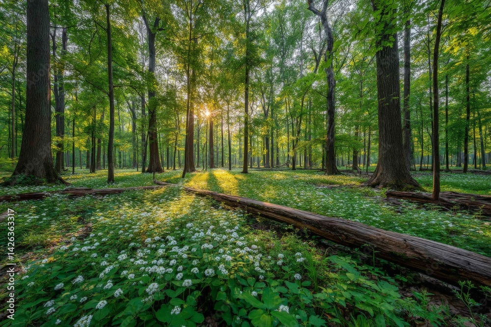 Poster sunlight filters through trees in a lush forest, casting beautiful shadows on the ground during gold