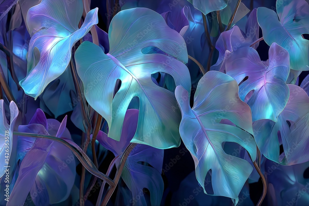 Poster colorful tropical leaves illuminated in a vibrant forest setting during twilight hours