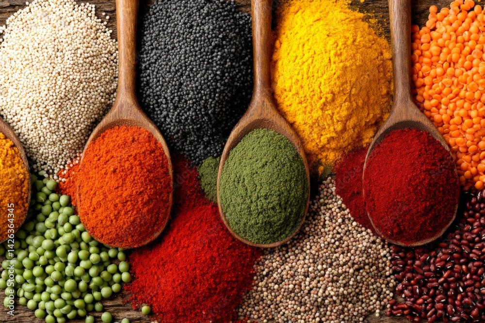 Poster colorful spices and lentils arranged in wooden spoons on a rustic wooden table showcasing vibrant hu