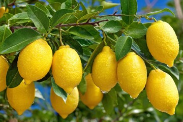 Lemon tree with ripe yellow lemons ready for harvest in bright sunlight