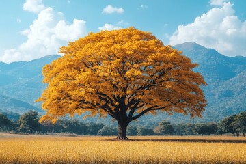 Vibrant golden tree stands alone in a vast field under blue sky and mountain backdrop during bright daylight hours