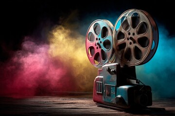 Obraz premium Old film projector emits colorful smoke effects in a dimly lit space with a vintage atmosphere