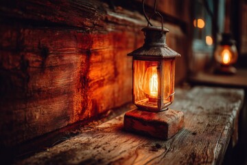 Rustic lantern illuminates wooden surroundings in a cozy setting during twilight hours