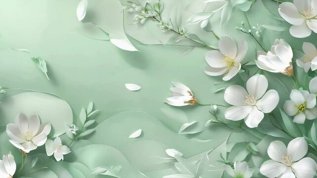 illustration of delicate white flowers and green leaves on a soft pastel green backdrop. The composition exudes a sense of calmness and purity, perfect for various design projects.