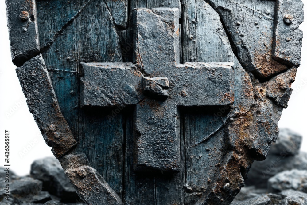 Poster ancient shield with a cross design found in a historic excavation site during daylight hours