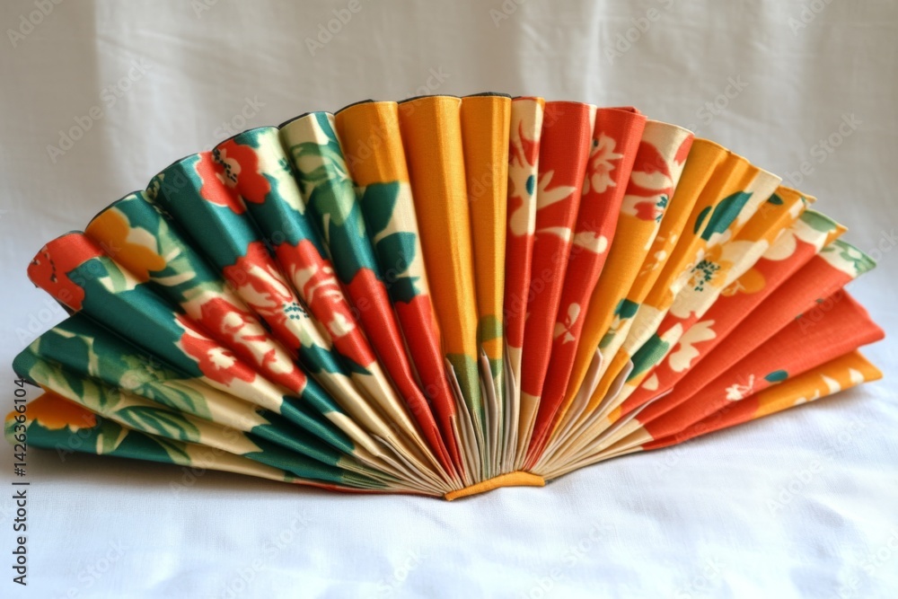 Poster decorative fabric fan with colorful floral patterns displayed on a neutral background at a sunny aft