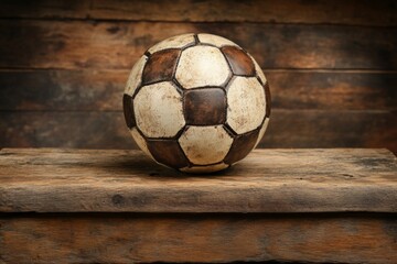 Vintage soccer ball resting on a wooden surface with a rustic background, showcasing its classic design and worn texture