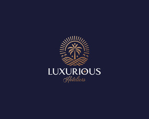 Naklejka premium Luxury elegant apartment palm resort hotel logo template