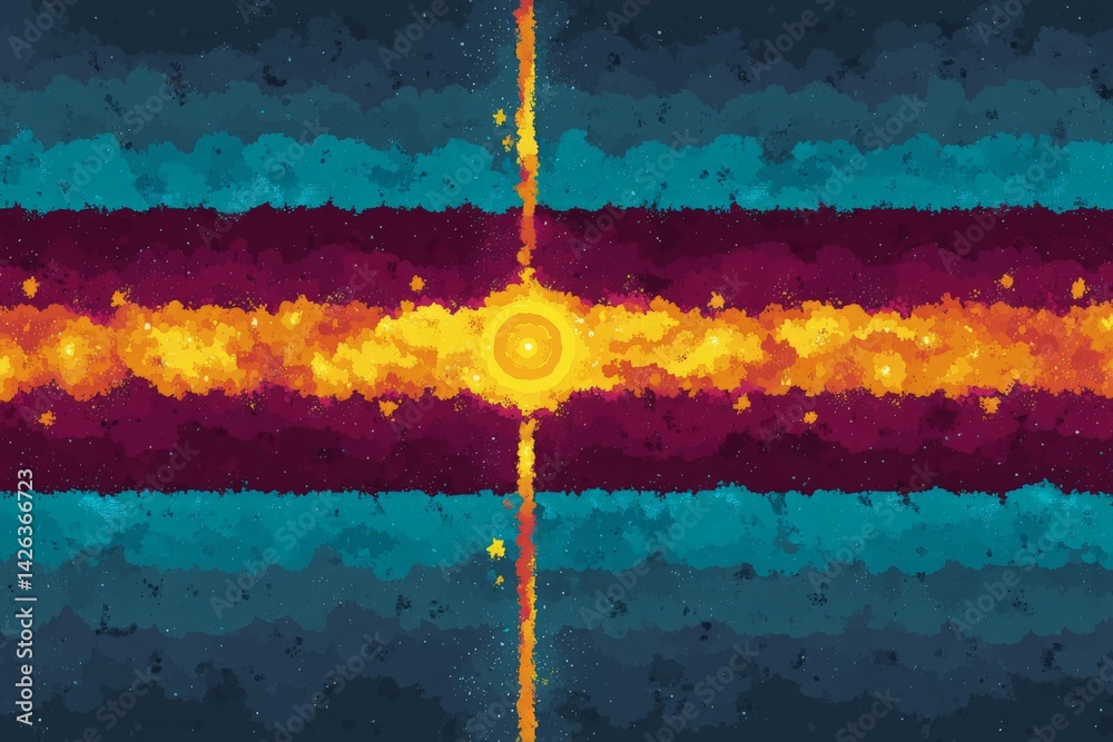 Poster colorful abstract depiction of a cosmic scene with a central sun and vibrant swirling patterns