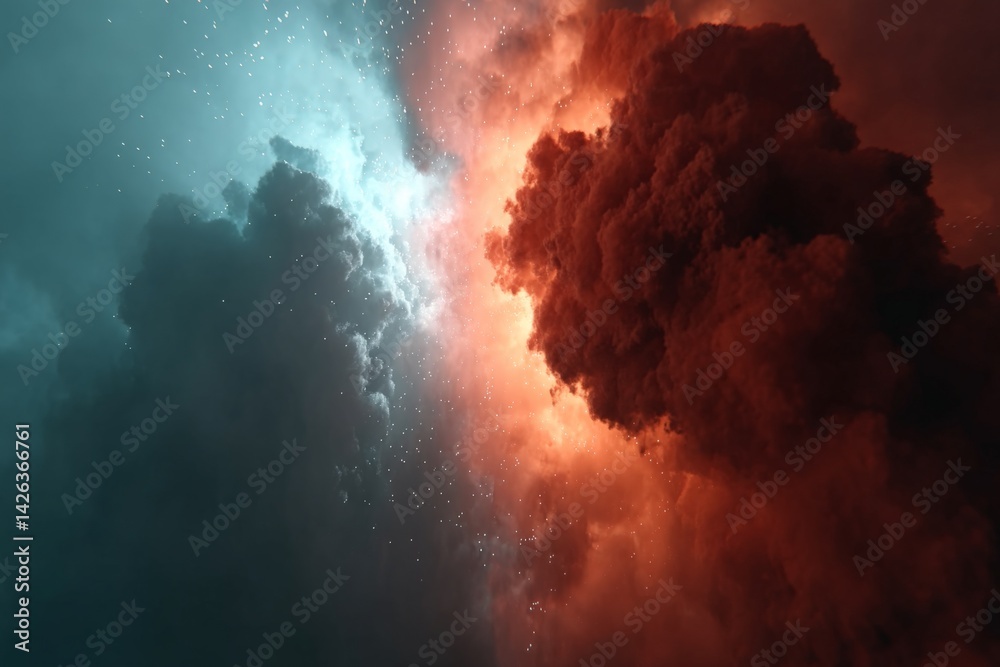 Aufkleber dynamic clash of colors in a cosmic cloud formation at dusk showcasing vivid reds and blues