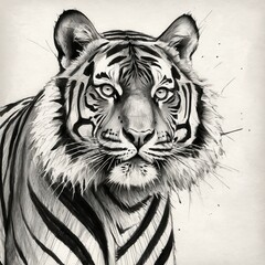 Obraz premium Striking monochrome illustration of a tiger's face, its gaze capturing attention with intensity and power