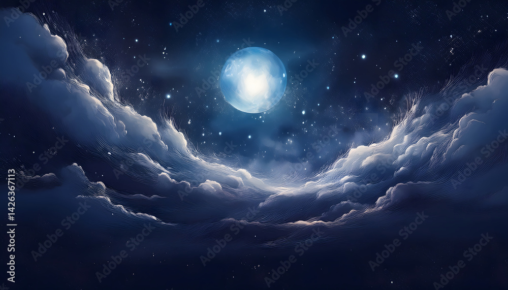 Poster celestial scene with a glowing moon and shimmering clouds at night