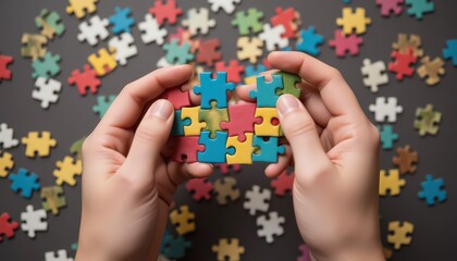 Colorful Puzzle Pieces Being Assembled by Hands on Dark Background