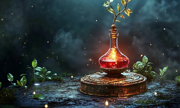 Illuminated red potion in a mystical forest setting.