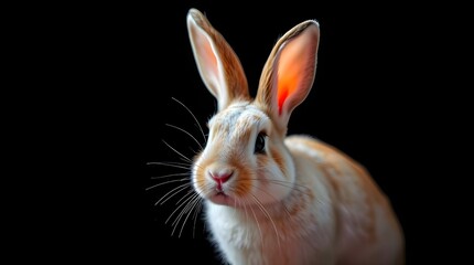 Fototapeta premium High contrast low-key lighting, bright vibrant colors. Playful bunny rabbit with refined features, surrounded by sparkling particles against a black background. Lively, energetic, graceful,