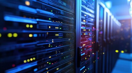 Close-up 3D render of a glowing blue server room with multicolored indicator lights, perfect for visualizing data centers, digital infrastructure, and IT system operations