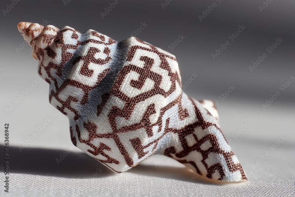 Poster Unique seashell with intricate brown and white patterns displayed on a neutral background during mid-morning light
