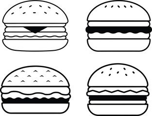 Burger Silhouette Icon Set – Black Fast Food Vector Illustration, fast food icons set, fast food collection, fast food icons set.