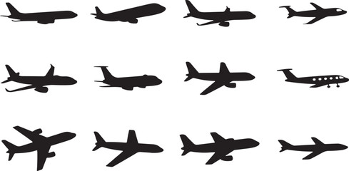  airplane silhouettes  icon vector set silhouette design illustration .airplane, silhouettes, icon, vector, set, silhouette, design, illustration, aircraft, fly, transportation, travel, aviation, sky,
