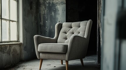Elegant Gray Armchair in Vintage Industrial Setting Rustic Room Interior Design Home Decor Comfortable Furniture Stylish Seating Modern Apartment Cozy Atmosphere Relaxing Space Grey Fabric Upholstery 