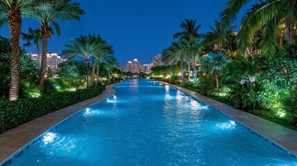 Fototapeta premium Tranquil Blue Waterway at Night with City Skyline