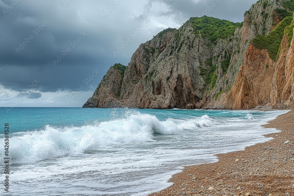 Poster coastal view with turbulent waves crashing on rocky shoreline under dramatic clouds at dusk
