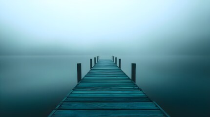 Fototapeta premium A rich deep teal wooden dock extends into a foggy lake, vibrant and luxurious, rendered in a photorealistic style with a focus on deep color saturation and subtle light reflections 