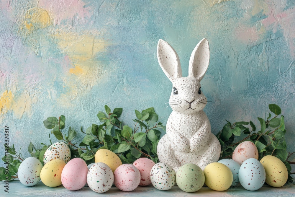 Poster colorful easter eggs and a decorative rabbit create a festive spring atmosphere in a bright, pastel 