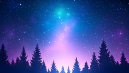 Fototapeta premium Silhouetted pine forest against a vibrant, cosmic night sky filled with stars and nebulae