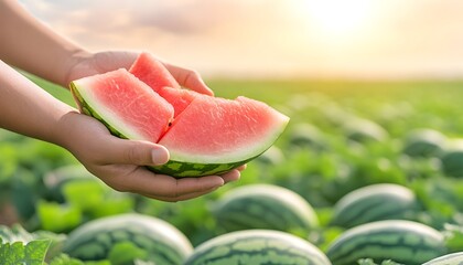 Hands holding juicy watermelon slices in a field at sunset