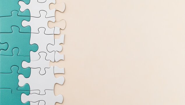 Teal and white puzzle pieces aligned on beige background, leaving ample space for text or design