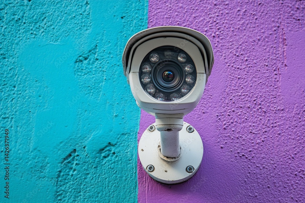 Poster Security camera mounted on colorful wall in urban setting captures surveillance activity