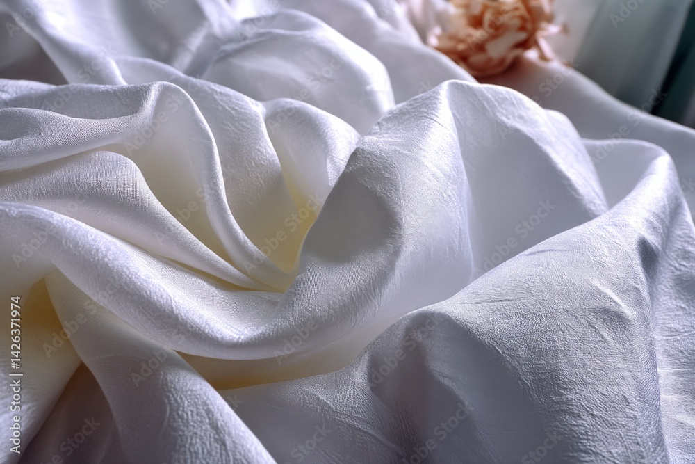 Aufkleber Soft white fabric draped elegantly with gentle folds and a hint of a flower in the background