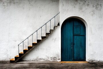 Unique architectural details of a blue door and gray staircase in a minimalist setting