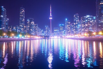 Obraz premium Vibrant cityscape at night, reflected in calm water