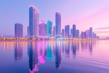 Fototapeta premium Vibrant cityscape reflected in calm water at dawn