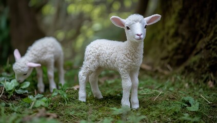 Obraz premium Lambs grazing in forest, springtime, nature
