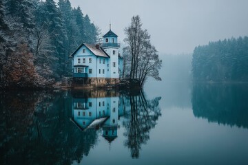 Fototapeta premium Charming blue house by the tranquil lake surrounded by foggy forest in winter