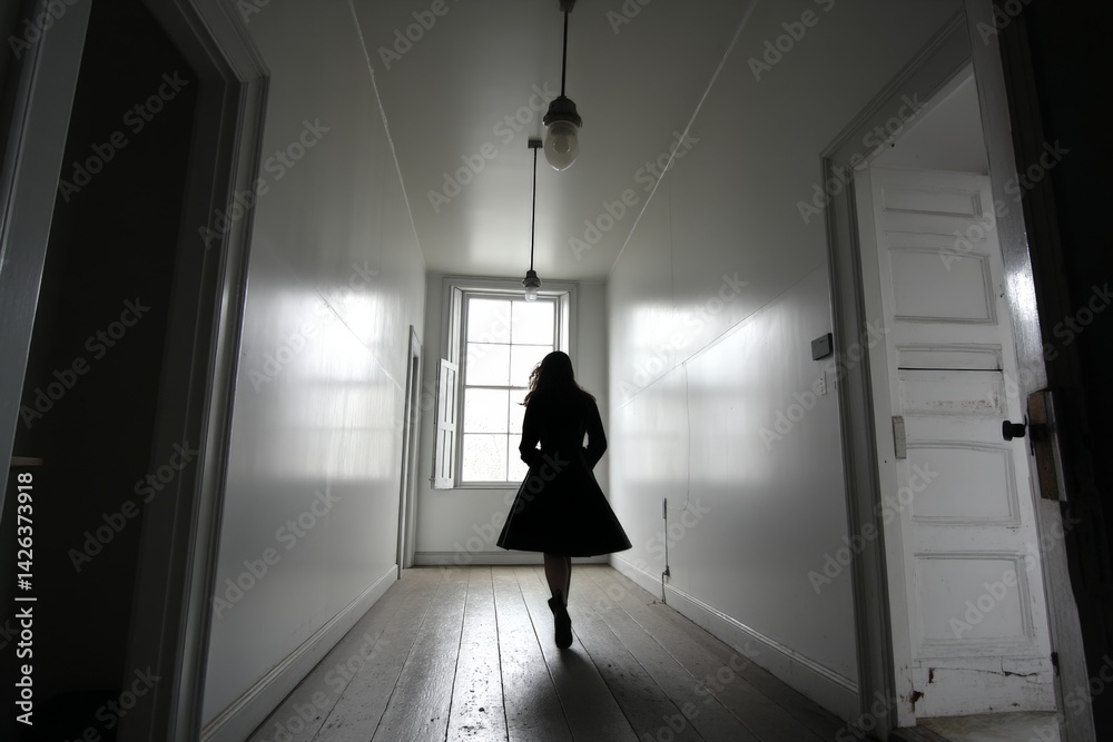 Poster mysterious silhouette walking through a dimly lit hallway in an old building during the day