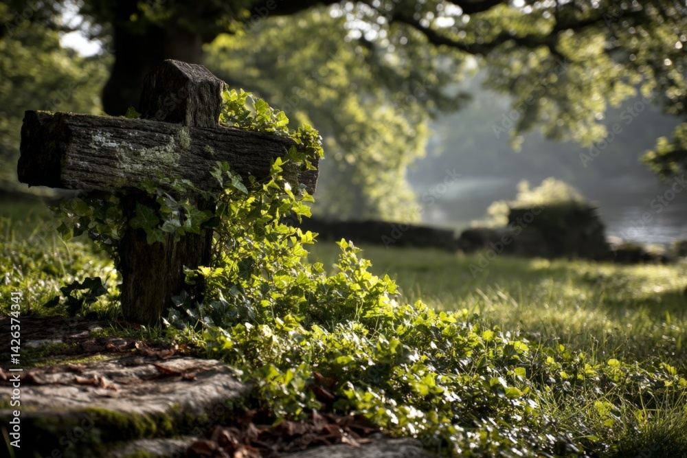 Poster old wooden cross covered in ivy near a calm river surrounded by lush greenery in a tranquil setting