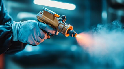 Industrial paint spraying process in a manufacturing facility.