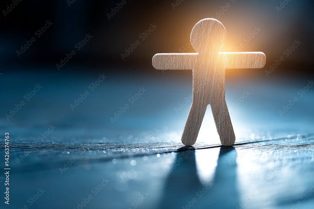 Poster Wooden figure standing on a reflective surface with light source behind it creates intriguing shadow at dusk