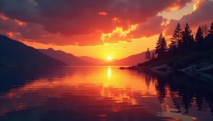 Obraz premium Golden hour sunrise paints lake with fiery hues, natural, reflection